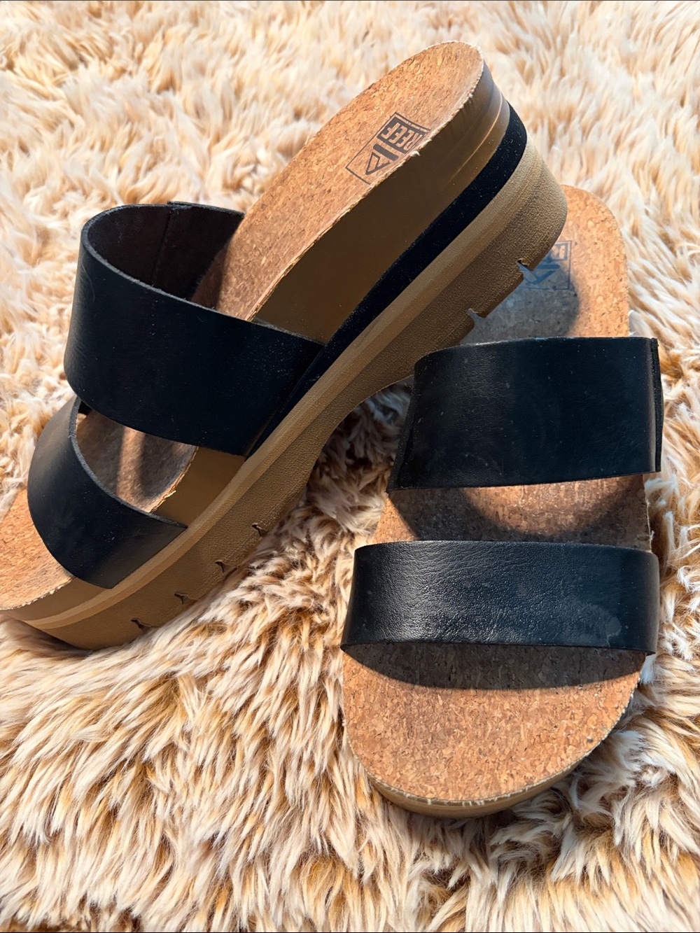 Reef Platform Slide Sandals - Black Cork Footbed